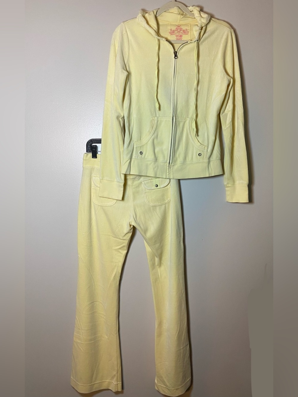 Y2K SO Velour Hoodie & Flared Pants Tracksuit Set - Butter Yellow M/L